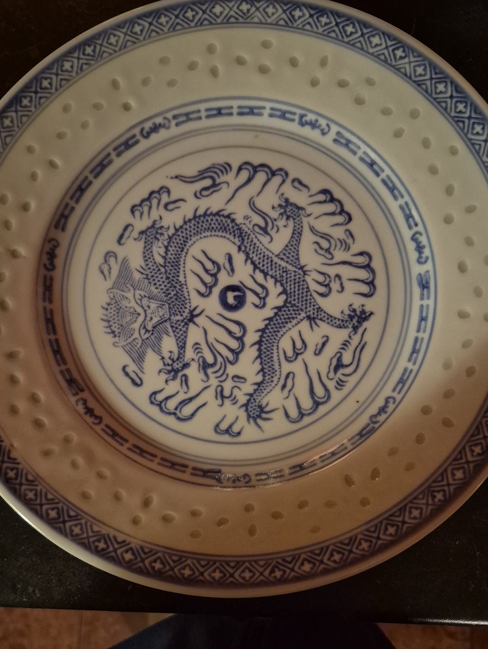 Vintage Chinese Rice Grain Porcelain Dragon Plate 10